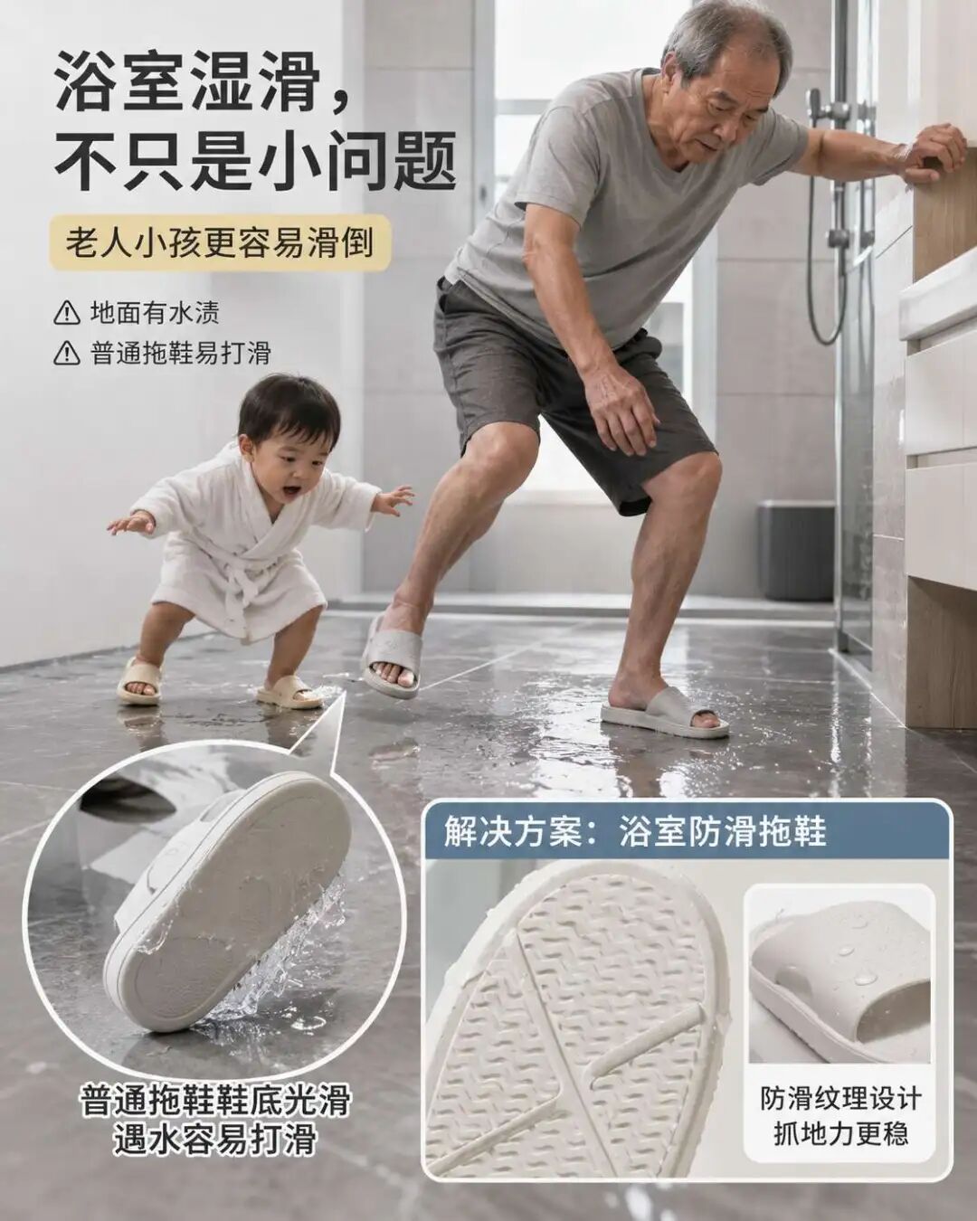 浴室防滑拖鞋场景痛点放大图示例