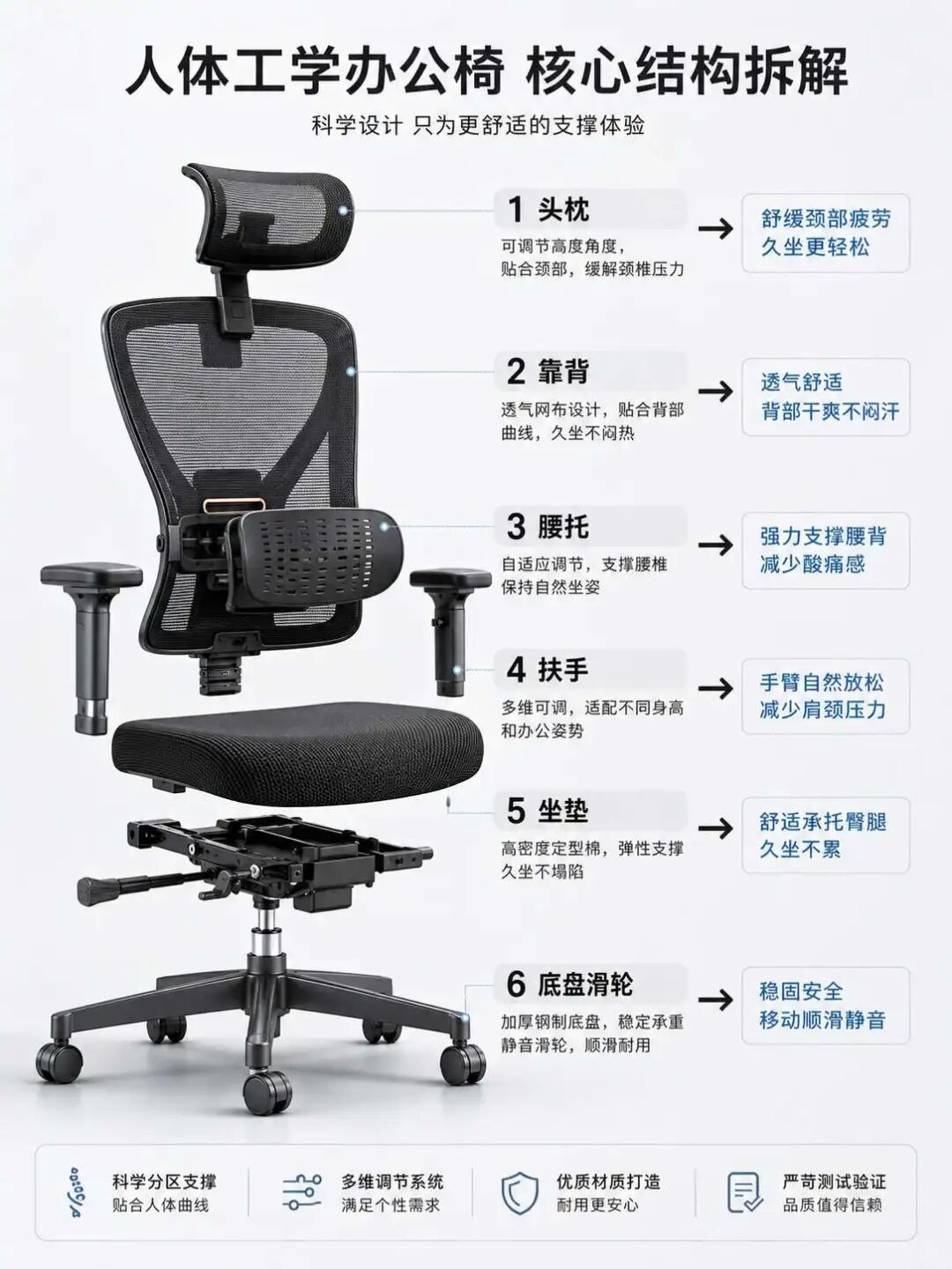 人体工学办公椅核心结构拆解图示例